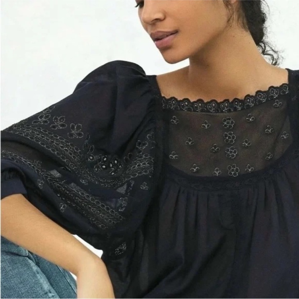 Anthropologie Jaslyn Embroidered Peasant Top Navy Size S - Picture 14 of 15